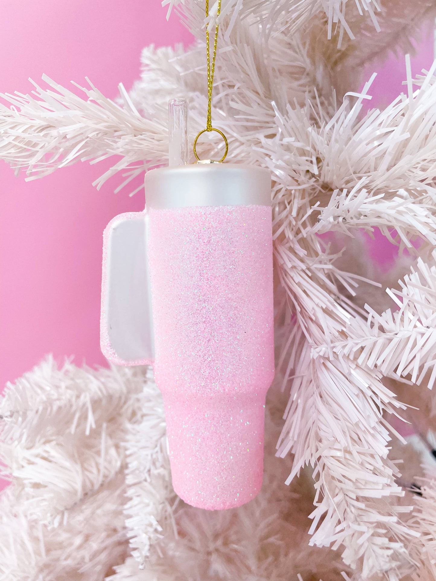 Pink Glittered Trendy Tumbler Christmas Ornament