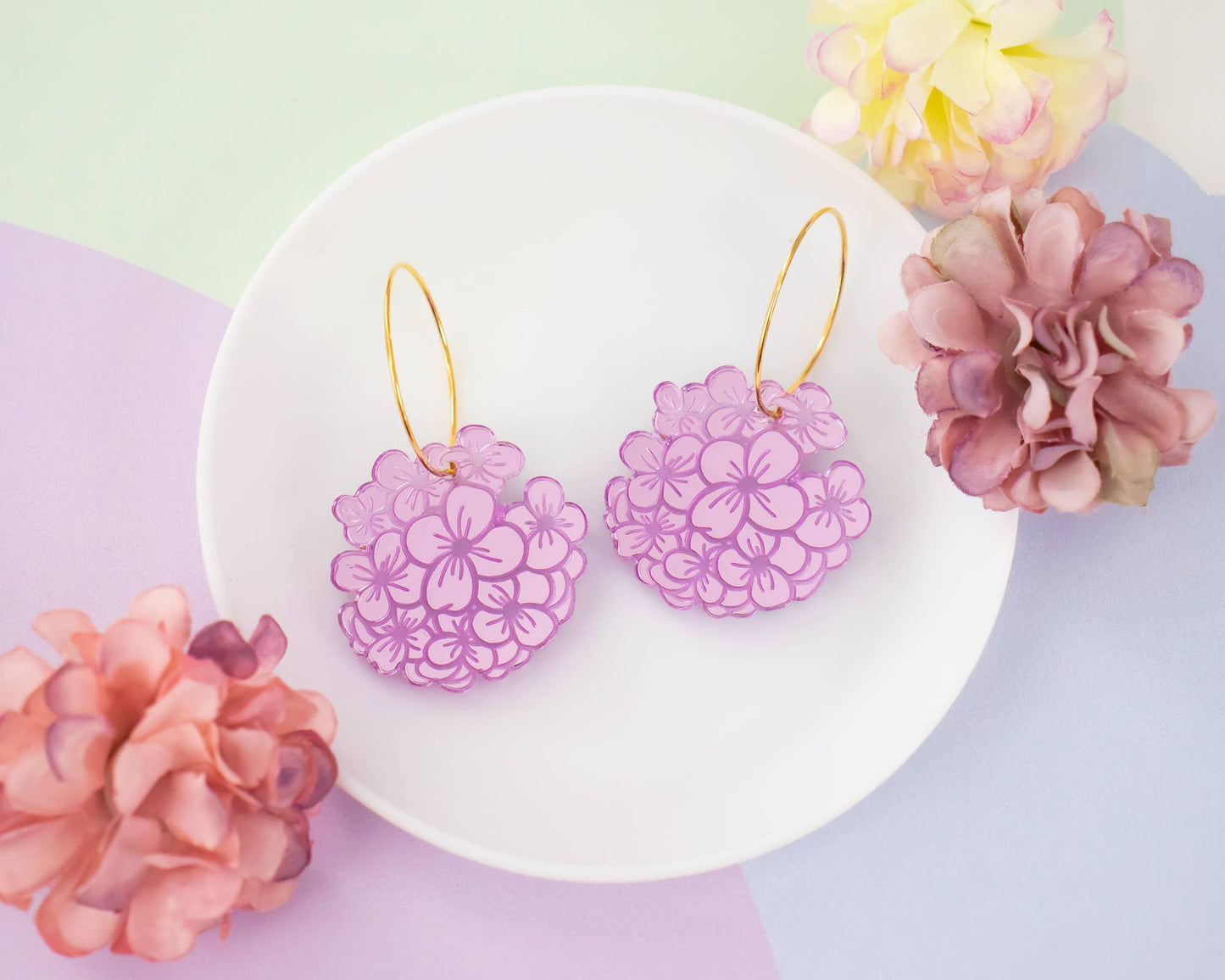 Hydrangea Earrings, Purple Flower Hoops