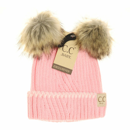 Baby Solid Knit Double Fur Pom Beanie - Newborn