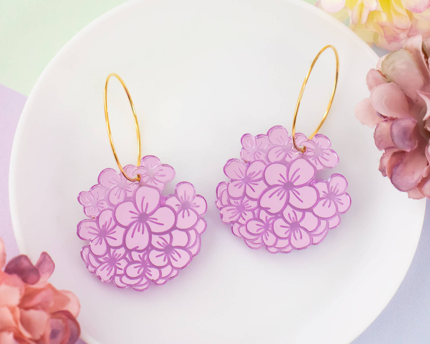 Hydrangea Earrings, Purple Flower Hoops