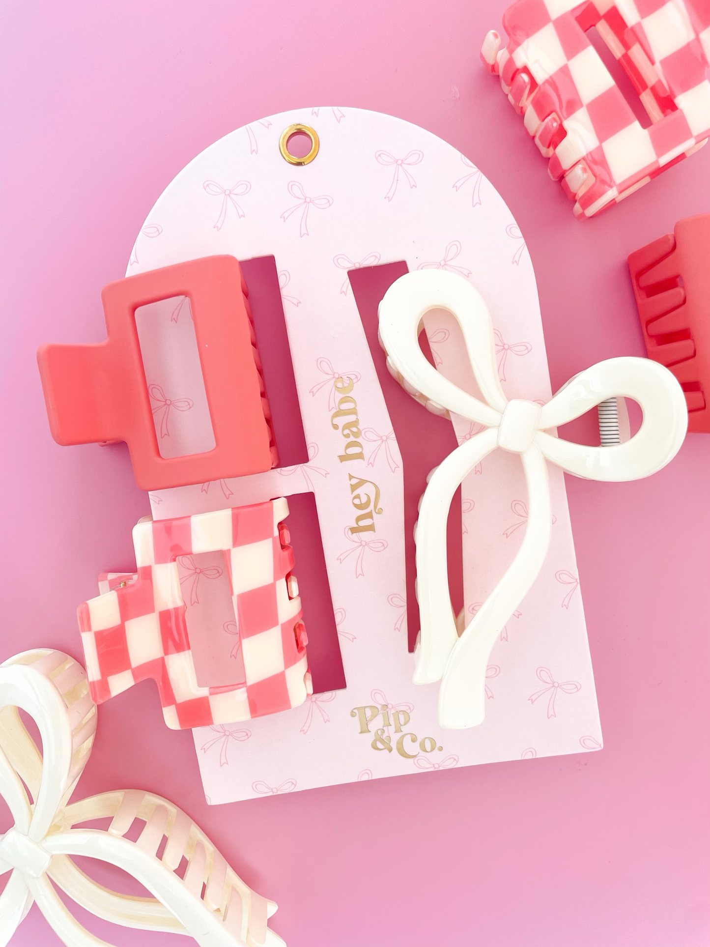 Pink Bow and Checkered Claw Hair Clip Set