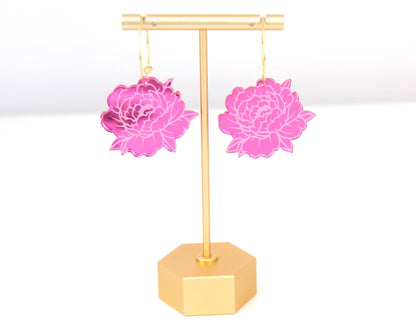 Pink Peony Earrings, Flower Hoops