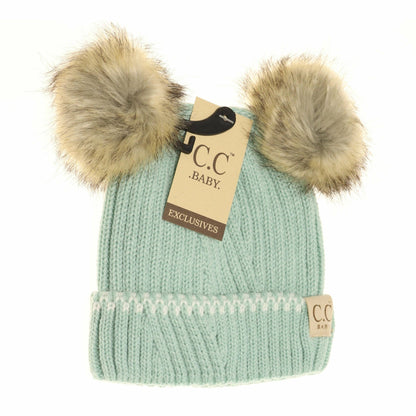 Baby Solid Knit Double Fur Pom Beanie - Newborn