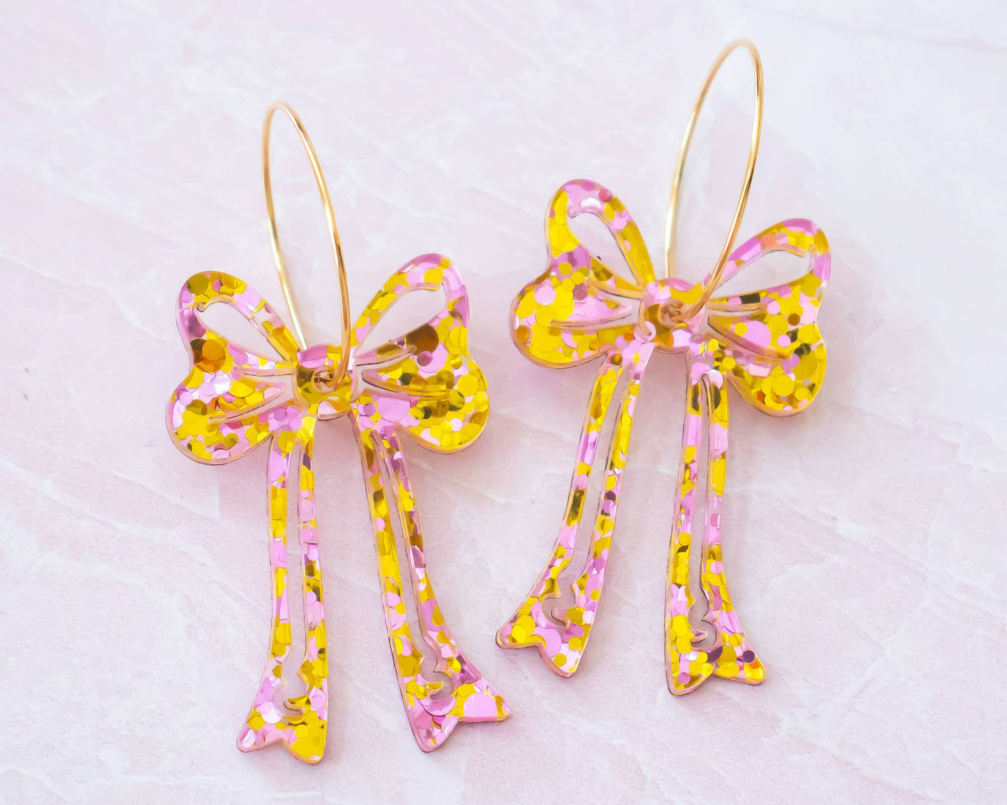 Pink & Gold Bow Earrings, Glitter Statement Hoops