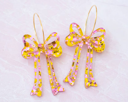 Pink & Gold Bow Earrings, Glitter Statement Hoops