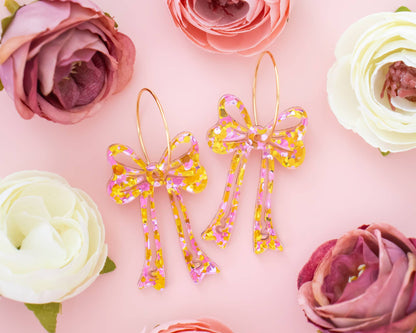 Pink & Gold Bow Earrings, Glitter Statement Hoops