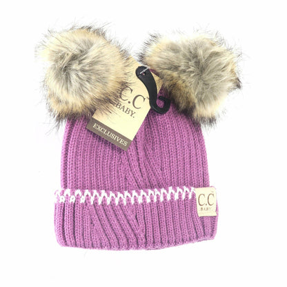 Baby Solid Knit Double Fur Pom Beanie - Newborn