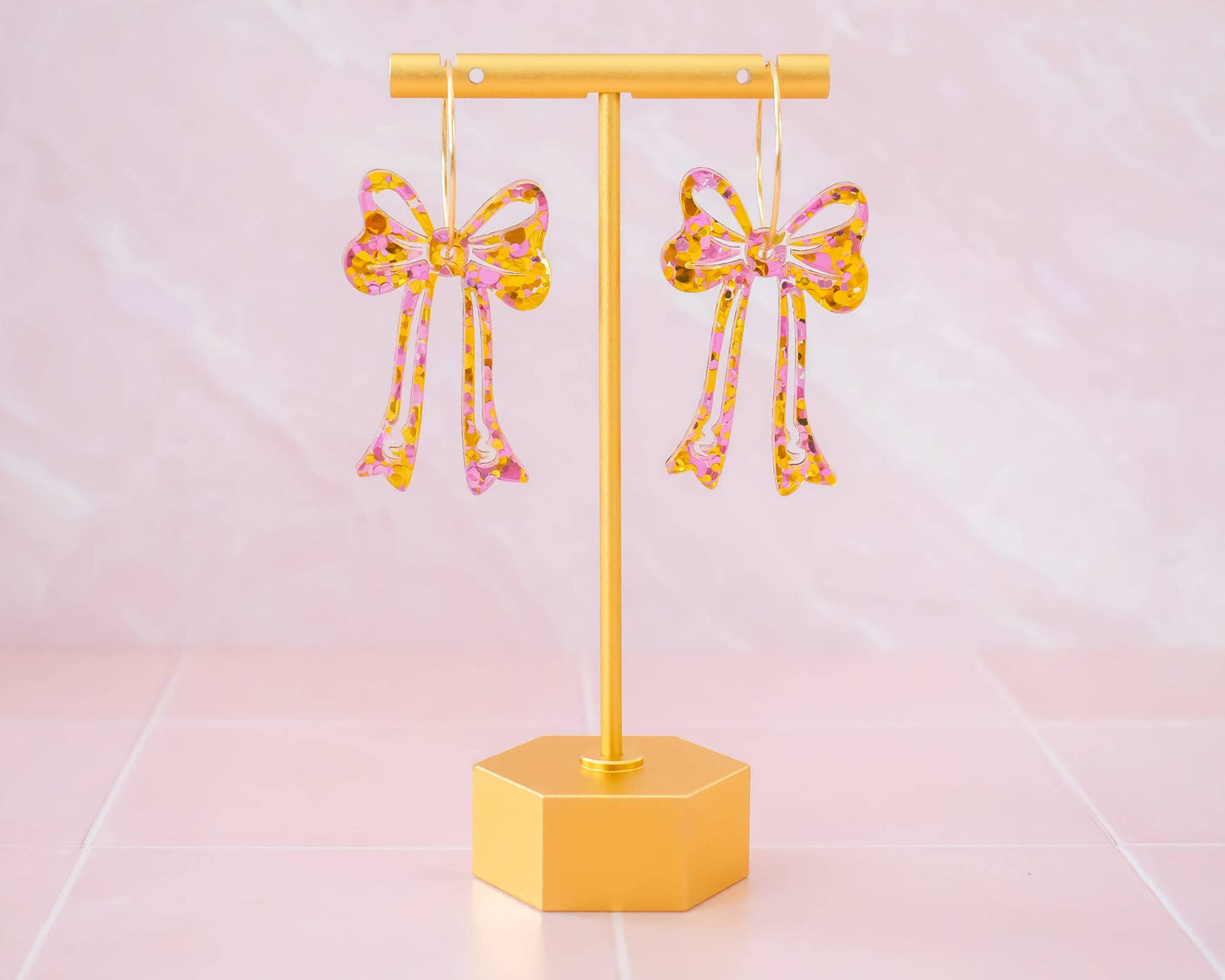 Pink & Gold Bow Earrings, Glitter Statement Hoops