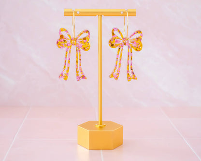 Pink & Gold Bow Earrings, Glitter Statement Hoops