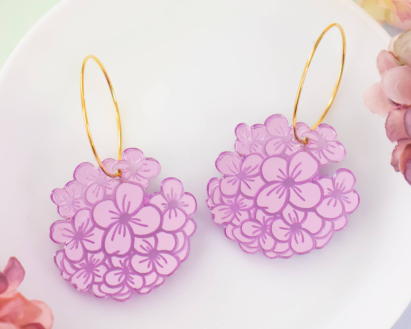 Hydrangea Earrings, Purple Flower Hoops
