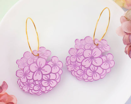 Hydrangea Earrings, Purple Flower Hoops