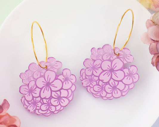 Hydrangea Earrings, Purple Flower Hoops
