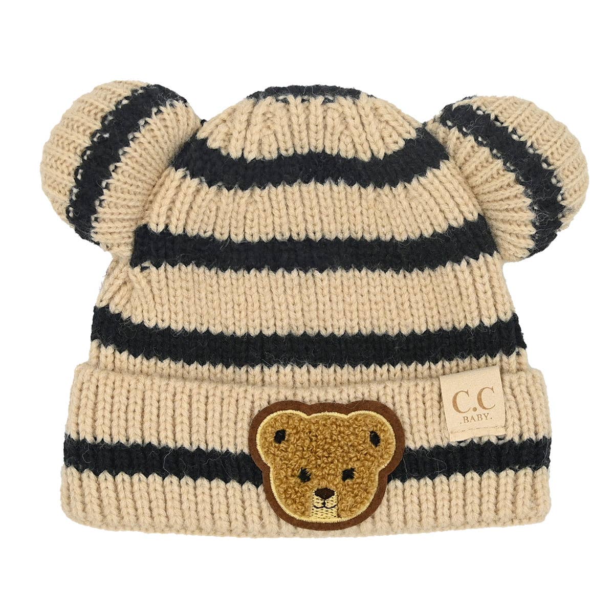 BABY Striped Teddy Bear Double Pom C.C Beanie BBHTS4428