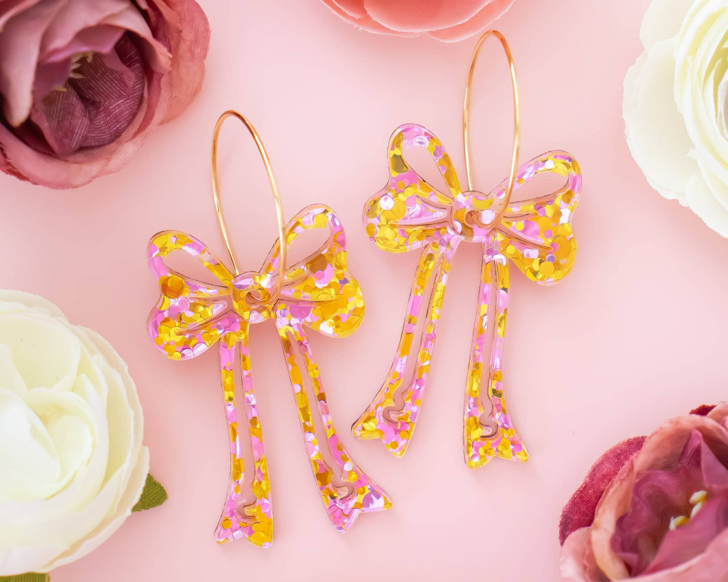 Pink & Gold Bow Earrings, Glitter Statement Hoops