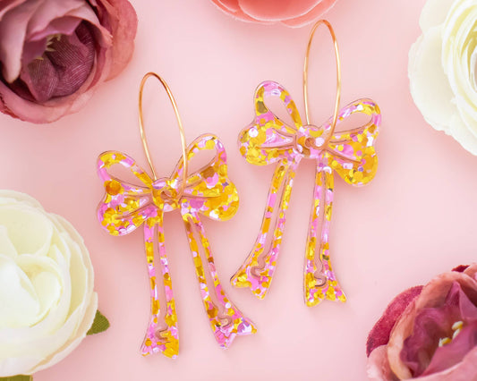 Pink & Gold Bow Earrings, Glitter Statement Hoops