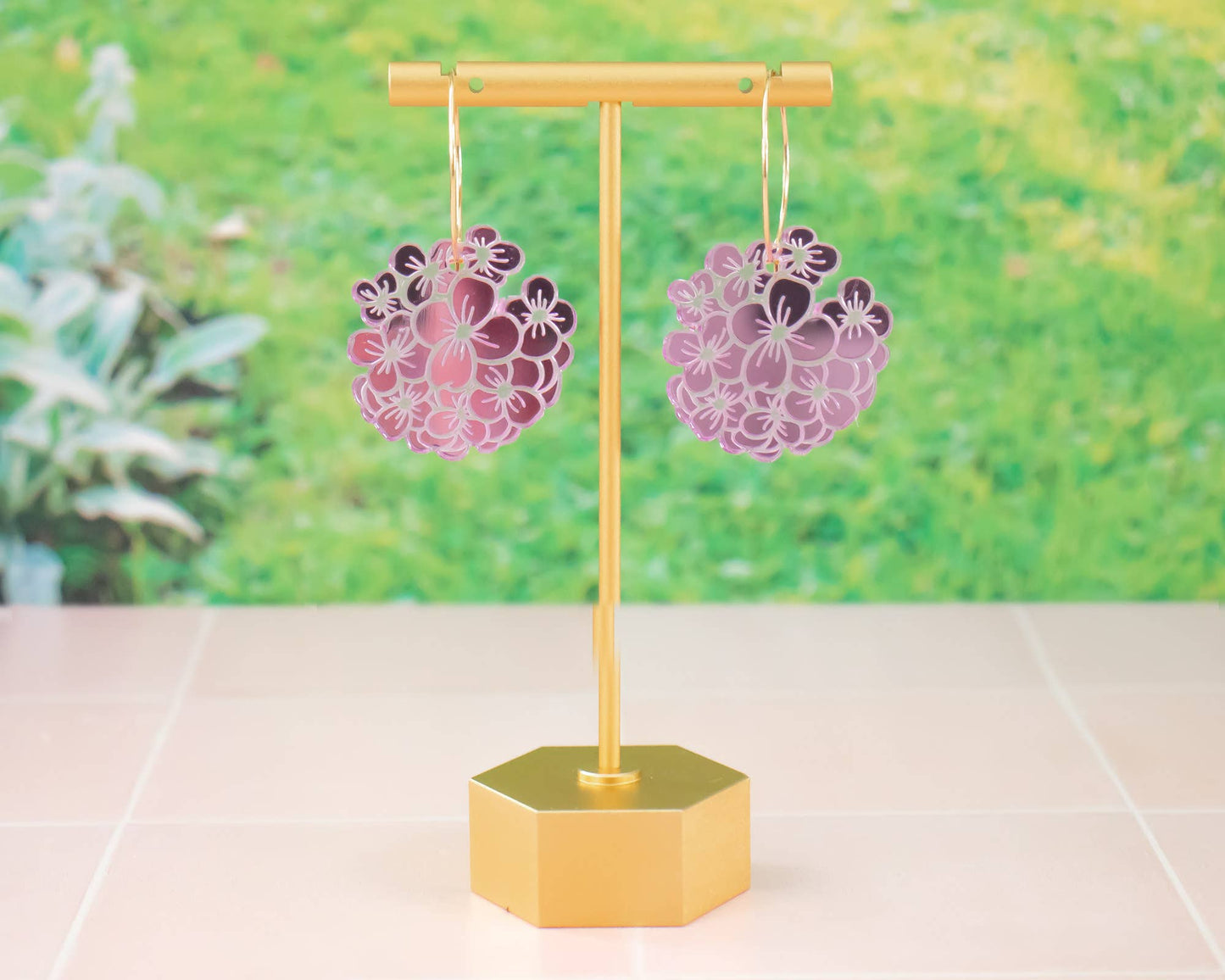 Hydrangea Earrings, Purple Flower Hoops