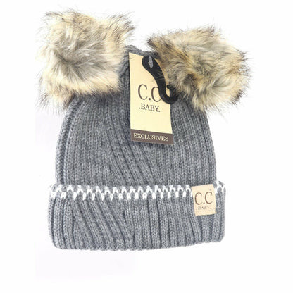 Baby Solid Knit Double Fur Pom Beanie - Newborn