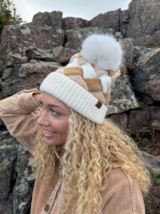 Chunky Weaved Faux Fur C.C Pom Beanie HTC0100