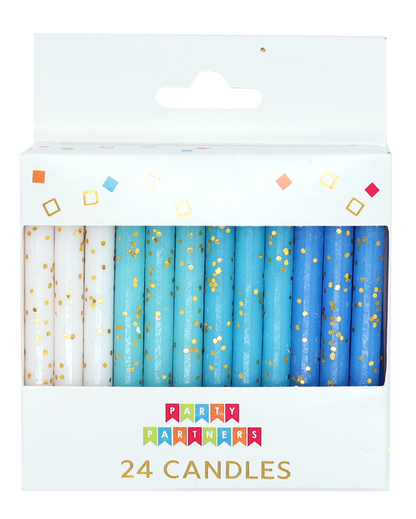 Blue & White Gold Glitter 24 Candles Set