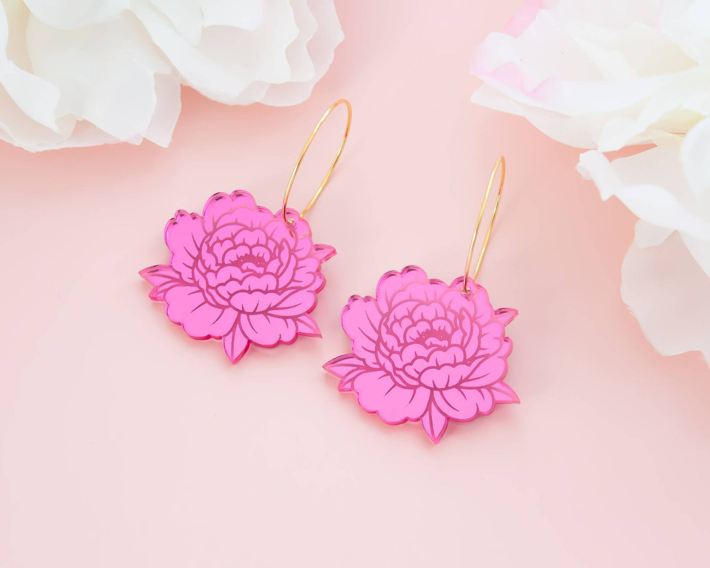 Pink Peony Earrings, Flower Hoops