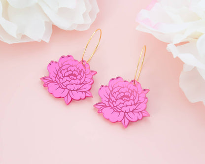 Pink Peony Earrings, Flower Hoops