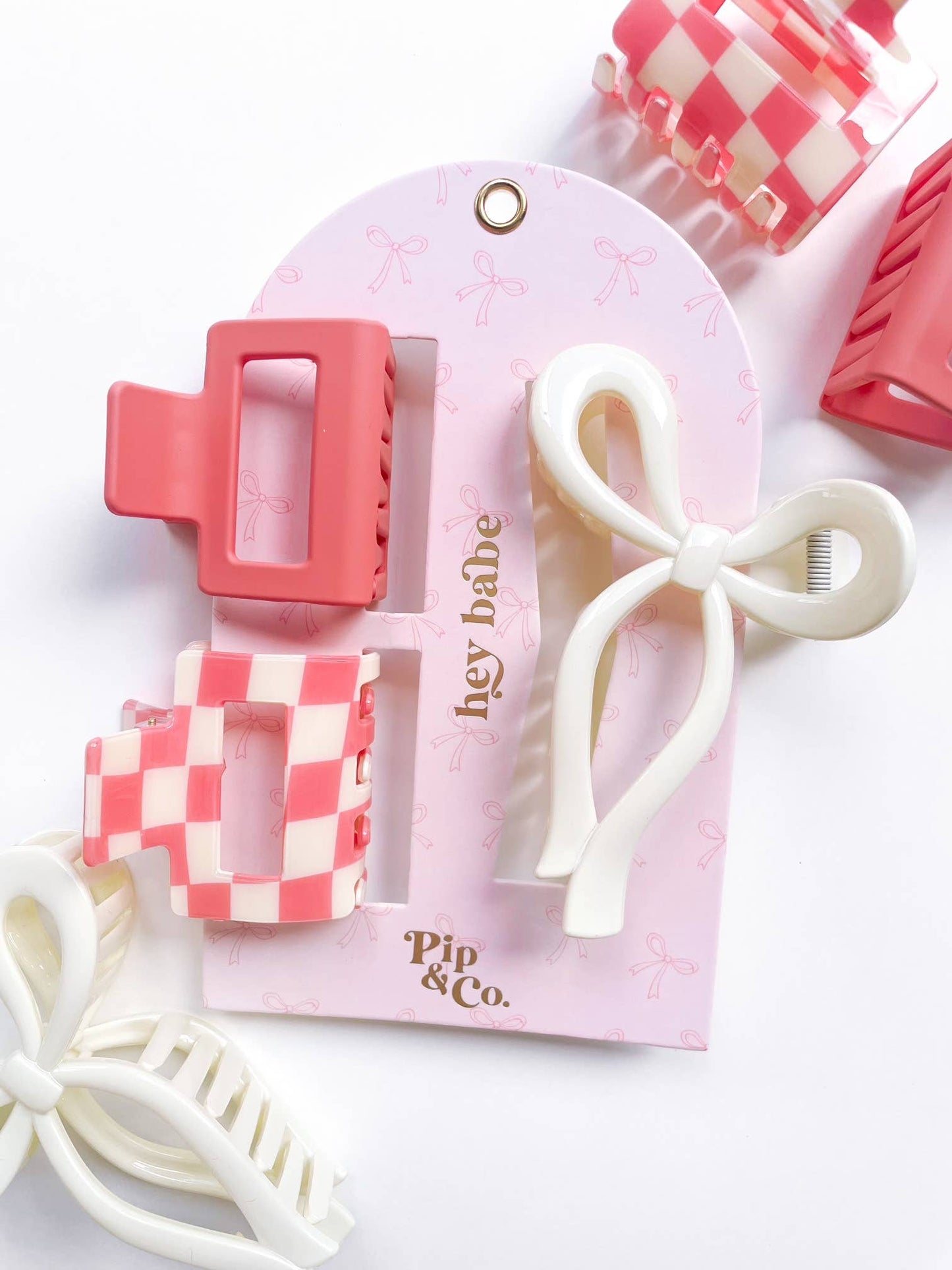 Pink Bow and Checkered Claw Hair Clip Set